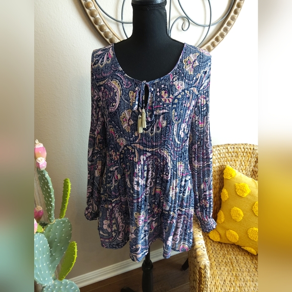 Melissa Paige Tops - Melissa Paige Navy Paisley Long-Sleeve Peplum Tunic with Tassel Tie